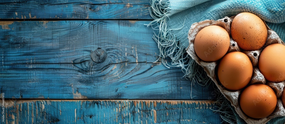 Poster elegant raw chicken eggs displayed on a rustic blue wooden backdrop with ample copy space image.