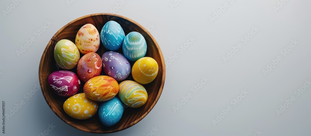 Poster Closeup of brightly colored Easter eggs arranged in a wooden bowl on a white background with space for adding text or design elements - copy space image.