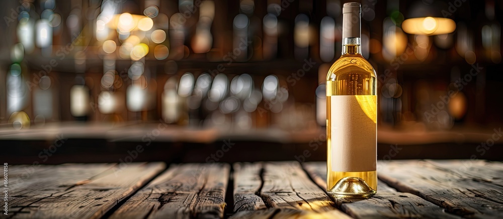 Poster White wine bottle intact on aged table, shallow depth of field highlighting the foreground, with room for text or elements in the image. Copy space image. Place for adding text and design