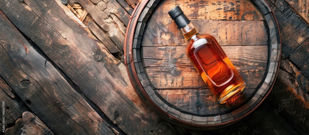 Poster Top view of a bottle of rum, cognac, or whiskey on an aged wooden barrel, creating a flat lay image with ample copy space.