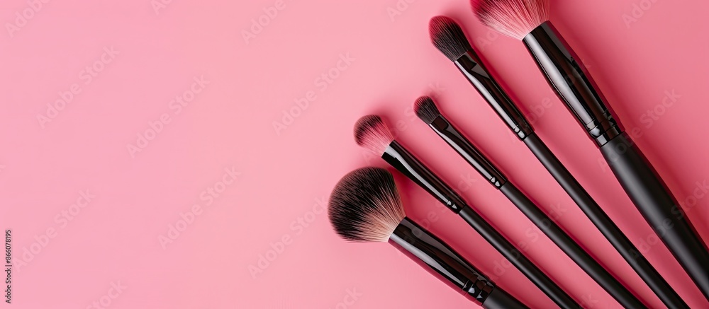Poster Glamorous makeup brushes displayed on a soft pink backdrop in a cosmetics store banner, showing visagist tools from a top view with a creative flat lay and copy space image.