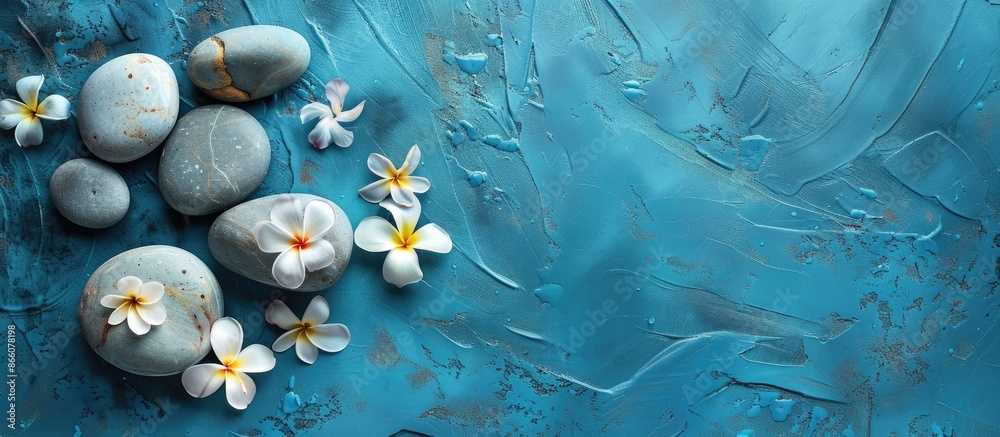 Poster spa stones with flowers arranged on blue background providing copy space image.