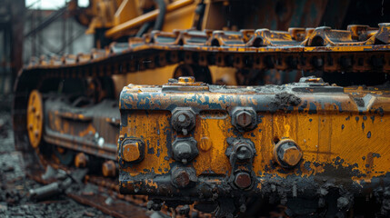 Detailed close-up of a rusty bulldozer tread with yellow and black paint, showcasing heavy wear and rugged texture.