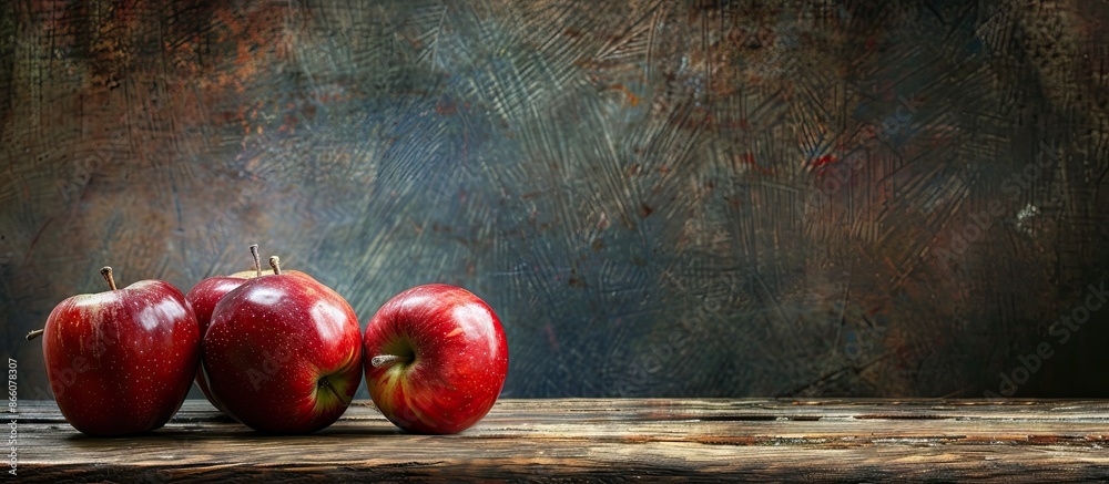 Poster red ripe apples displayed on a vintage wooden table with copy space image.