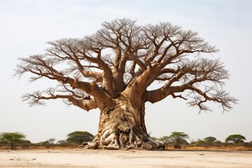 Fototapeta premium Majestic Ancient Baobab Tree in Macro Close-Up Against White Background - Captivating Earthy Photography Composition