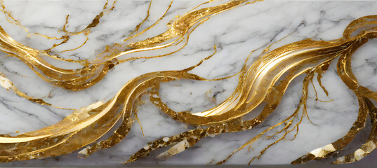 Golden Swirls on White Carrara Marble. Generative AI.