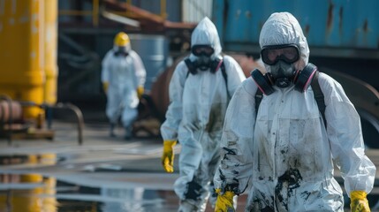 Cleanup crew at chemical spill scene, protective gear, hazard control