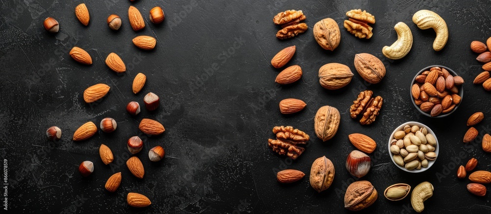 Poster Various nuts displayed on black backdrop, offering a nutritious snack option. Overhead perspective with room for text or images. Copy space image. Place for adding text and design
