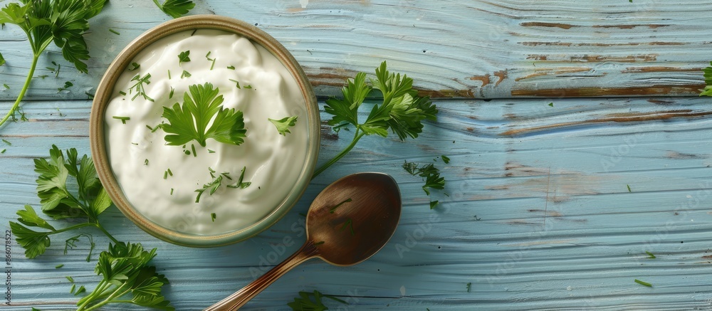 Poster light blue wooden table with a bowl of fresh sour cream topped with parsley and a spoon, ideal for a