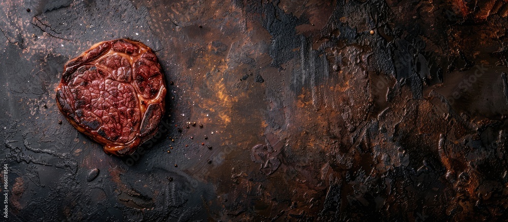 Poster Top view of steak cooking on dark surface with copy space image.