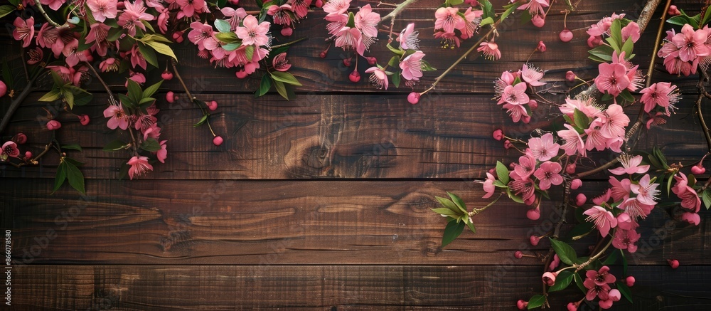 Poster elegant flower-filled branches set against a wooden backdrop make for a charming copy space image.