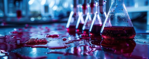 Closeup of toxic chemical spill in lab, laboratory accident, hazardous materials