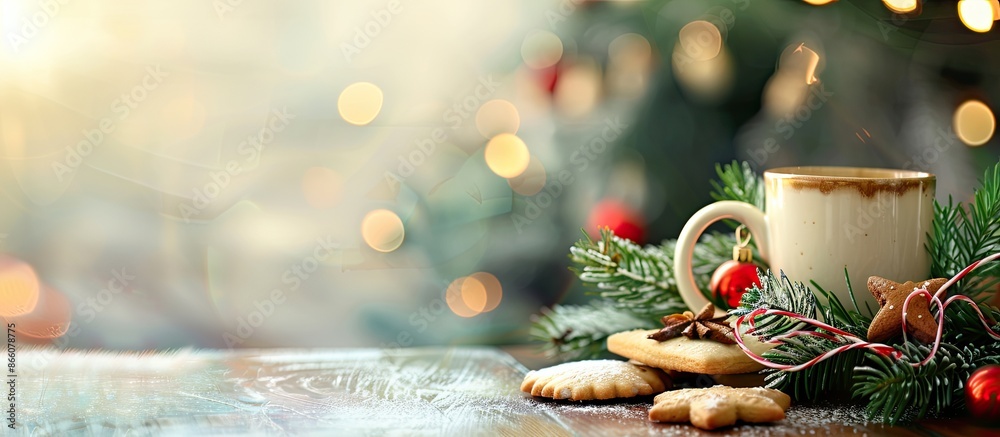 Poster christmas tree branch, cookies, and a cup of mulled wine against a blurry background with copy space
