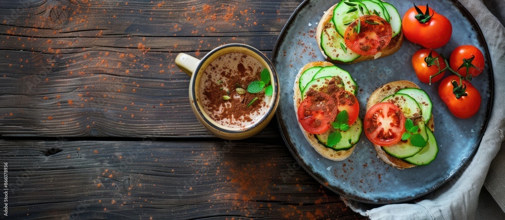 Poster Three Italian crostini served on a plate with tomatoes and cucumbers, accompanied by a cup of cocoa, all captured in a top-view image with copy space.