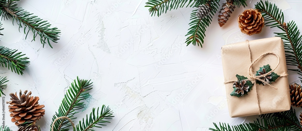 Aufkleber Christmas-themed background featuring a gift box, pine branch, and cone on a white backdrop. Top view with a prominent empty space for text or other elements in the image. Copy space image