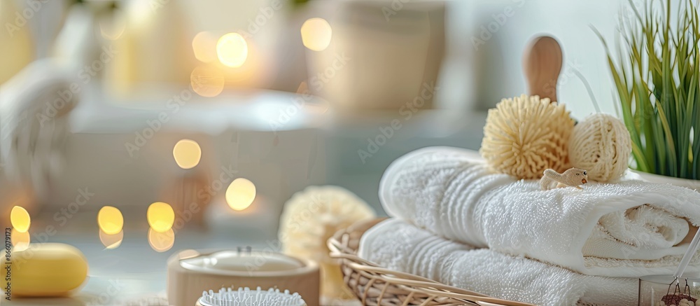 Aufkleber Baby bathing accessories displayed in a close-up copy space image with selective focus on natural elements.