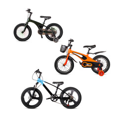 three different children's bicycles isolated on white