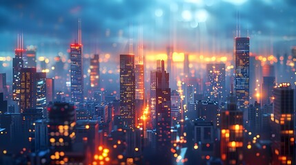 Obraz premium Illuminated Cityscape with Tall Skyscrapers and Glowing Skyline at Dusk