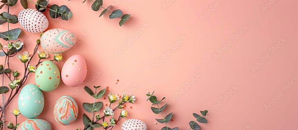 Poster vertical happy easter greeting card with a bright frame created with fresh flowers, eucalyptus twigs
