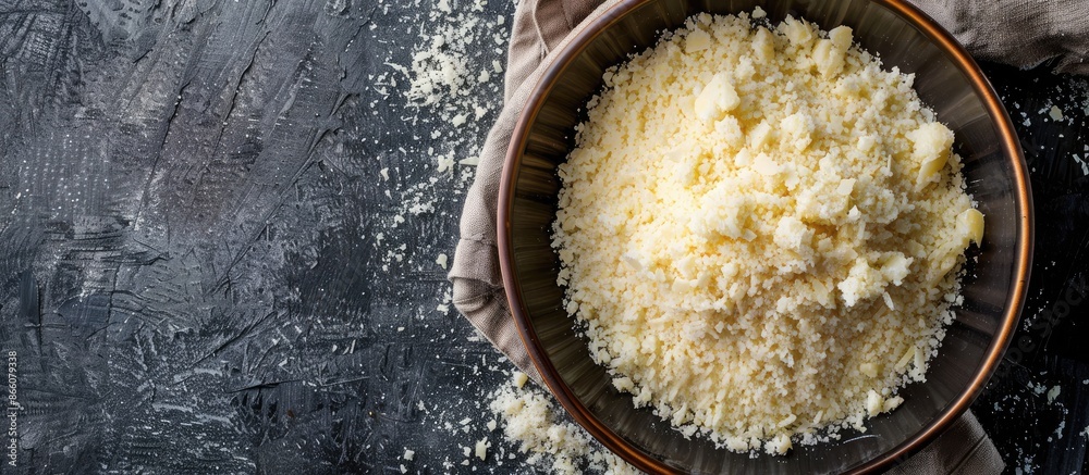 Poster top-down shot of grated parmesan in a bowl with a copy space image available.