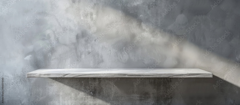 Poster A gray wooden shelf with no items on it, shown in soft focus to capture its surface, ideal for interior decoration, with copy space image.