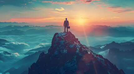 Businessman Standing Atop Mountain Peak Holding Briefcase Symbolizing Business Success and Achievement