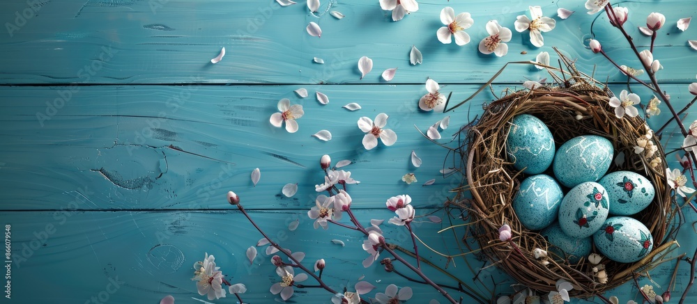 Poster Easter-themed scene with flower-adorned eggs in nest on blue wood backdrop. Perfect for text. Copy space image.