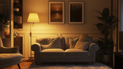 Cozy living room scene with plush gray sofa, armchair, and warm lamplight.