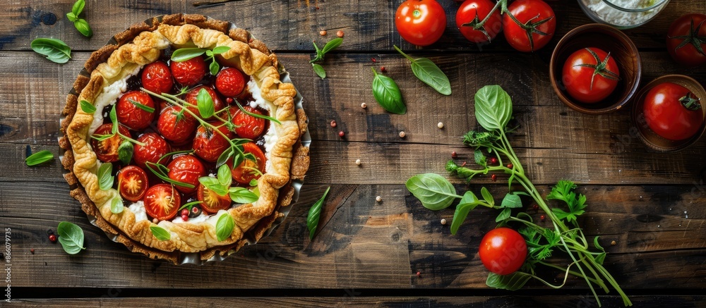 Poster overhead view of a rustic background showing a cherry tomato tart with homemade ricotta cheese, fres