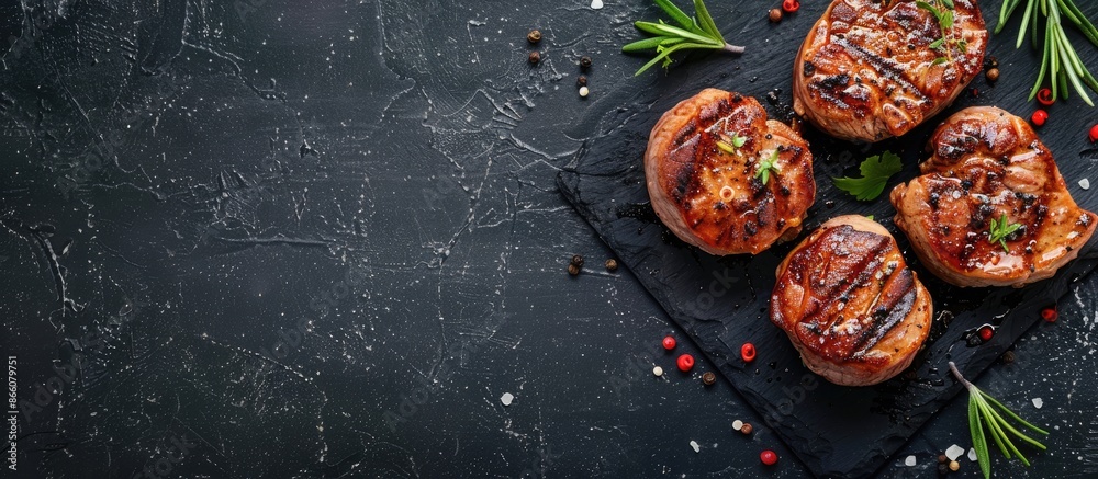 Aufkleber top view of bbq grilled pork medallions and tenderloin fillet on a black background with ample copy 