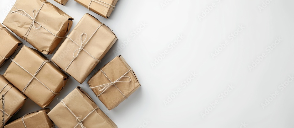 Aufkleber box of brown paper parcels prepared for shipment, isolated on a white background with visible copy s