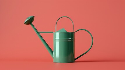 Green Watering Can on a Coral Background