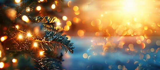 Golden Christmas lights of a blurred garland create a cozy, magical ambiance with a festive sunset on a winter evening, making it a cute wallpaper with a soothing holiday vibe and a warm feel,