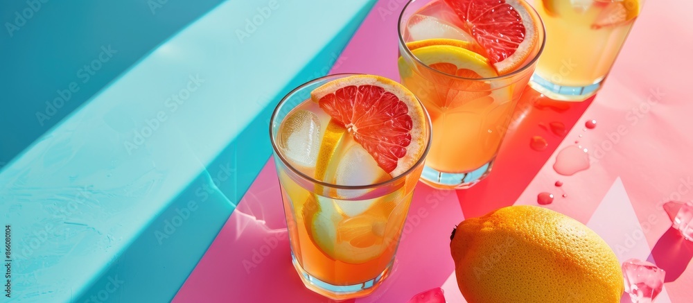 Poster close-up of delicious grapefruit lemonade in glasses on a colorful background with copy space image.