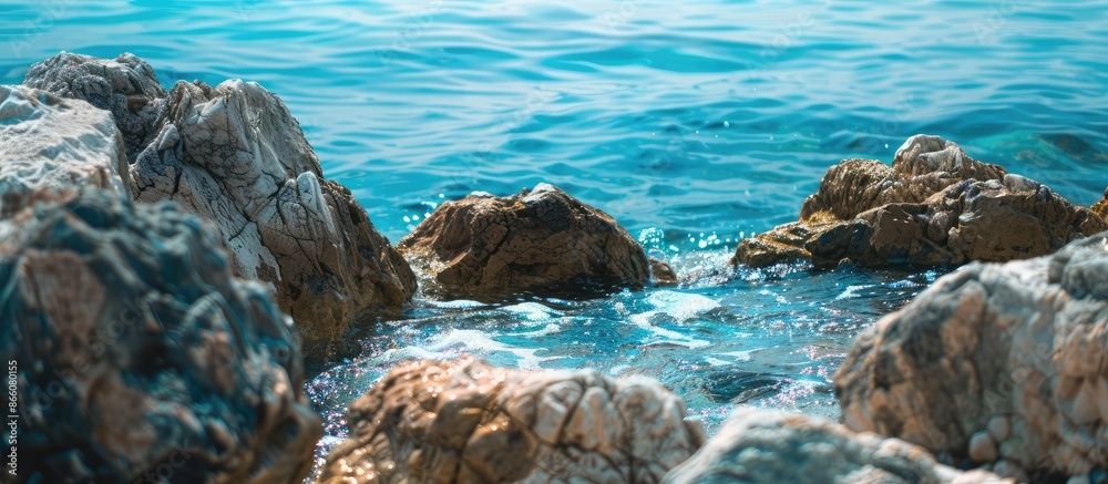 Leinwandbilder close-up view of a rocky shore by the clear blue ocean with a background setting, suitable for text.