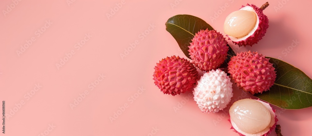 Aufkleber Flat lay composition of a lychee on a pink background with copy space image available.
