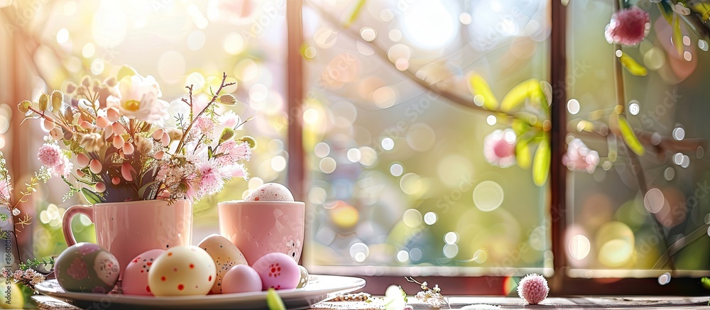 Aufkleber Easter-themed table setting with a blurry window backdrop, decorated with eggs and flowers, creating a perfect copy space image for your product.