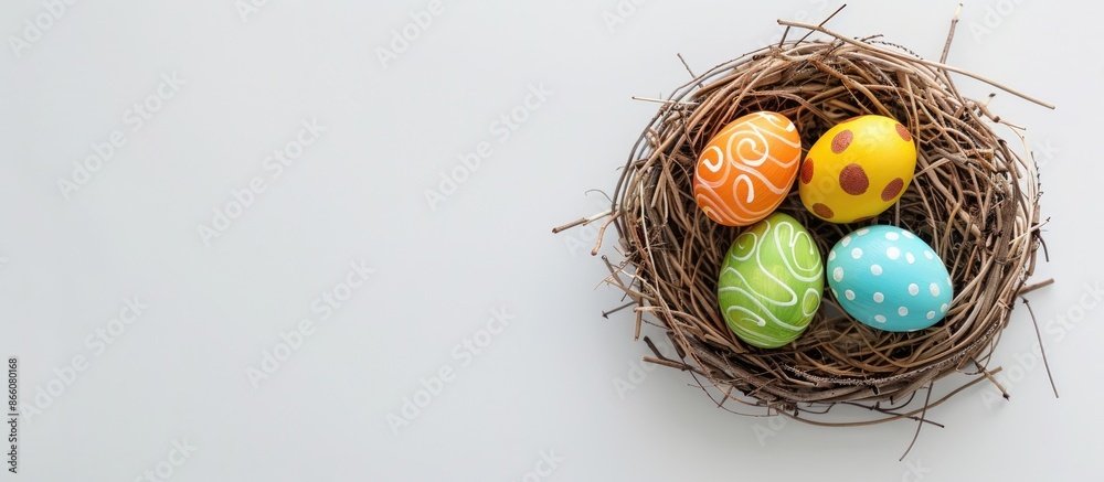 Aufkleber Artificial bird nest holds painted chicken eggs resembling Easter eggs on a white background. Top view angle showcasing Easter theme with copy space image.