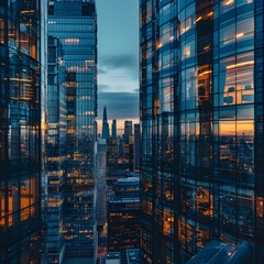 Obraz premium Towering Glass Skyscrapers Reflecting the Vibrant Cityscape at Sunset