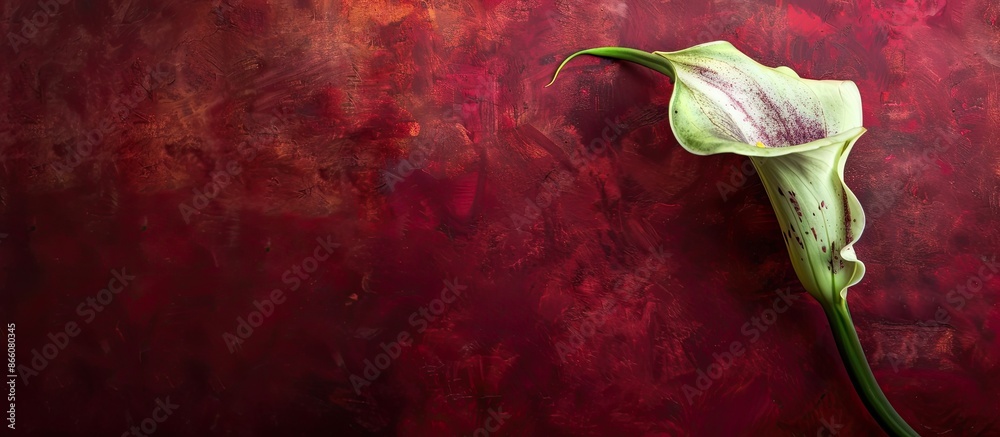 Aufkleber a single detailed textured pastel green and violet calla flower against a dark red background create