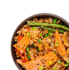 Delicious salmon teriyaki rice bowl isolated on white