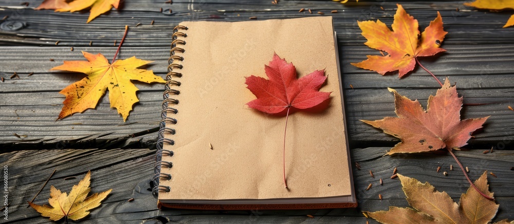 Aufkleber Notebook with autumn theme displayed in a copy space image.