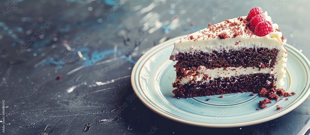 Poster A slice of cake sits on a plate with a blank space for additional uses.