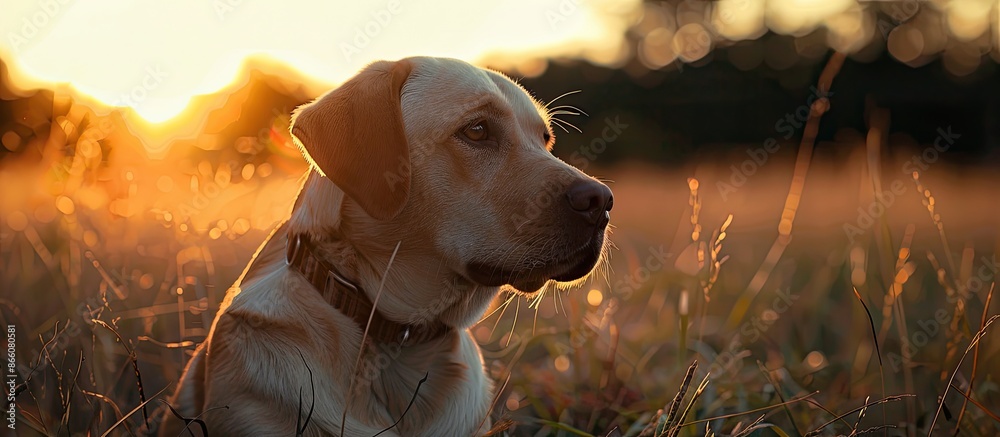 Poster a dog in the grass at sunset with copy space image.