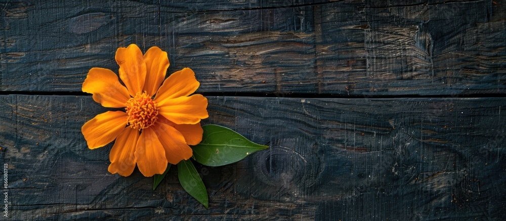 Poster marigold flower with leaf on dark wooden background, creating a striking composition for a copy spac