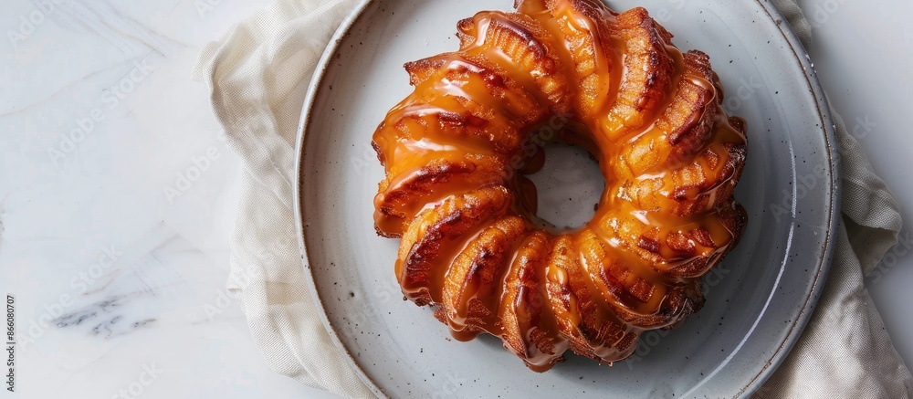 Poster a salted caramel croffle is displayed on a gray plate against a white backdrop with copy space image