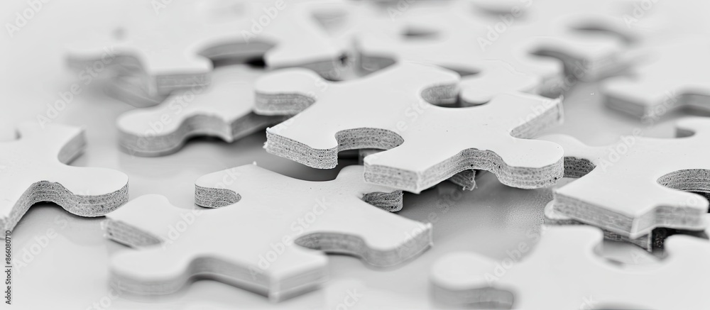 Poster A white jigsaw puzzle with several pieces missing, creating a copy space image.