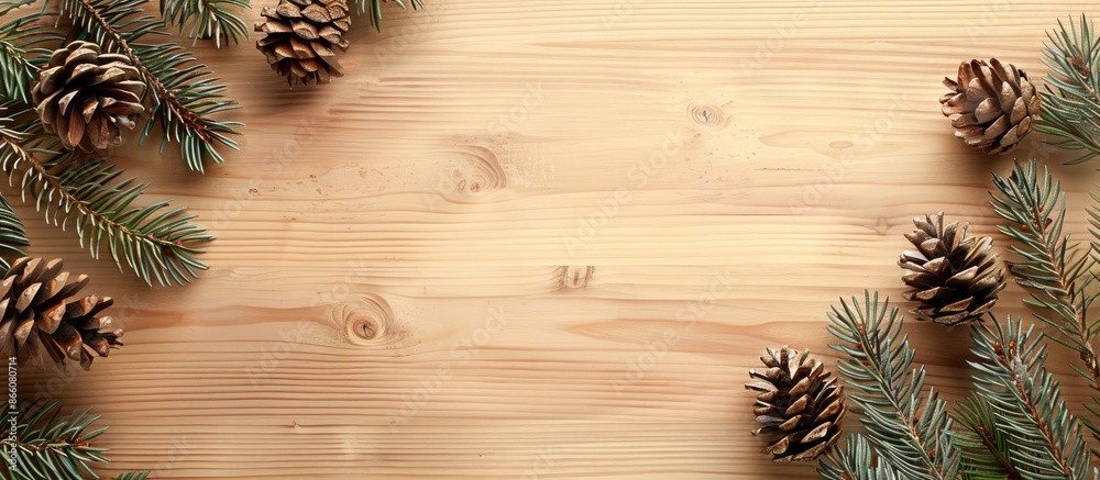 Aufkleber light wooden background with fir branches and cones, offering space for your design in this copy spa