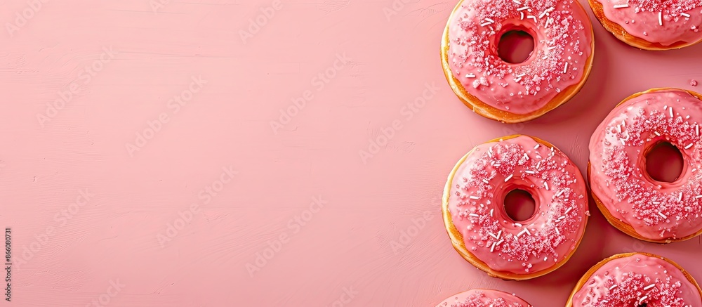 Poster Five coral donuts with icing arranged neatly on a pink background captured from above with copy space image available for text.