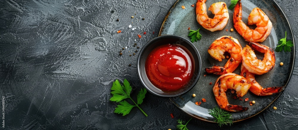Poster top-down view of grilled shrimp on a plate with sauce, providing free copy space image.